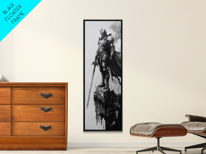 Skeletal Knight On Crumbling Cliff With Long Sword, Black And White Wall Art, Gothic Fantasy Canvas Print, Dark Medieval Decor