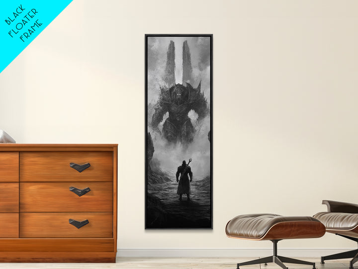 Warrior Facing Misty Armored Colossus, Dark Fantasy Wall Art, Black And White Framed Canvas Print, Epic Game Room Decor Gift