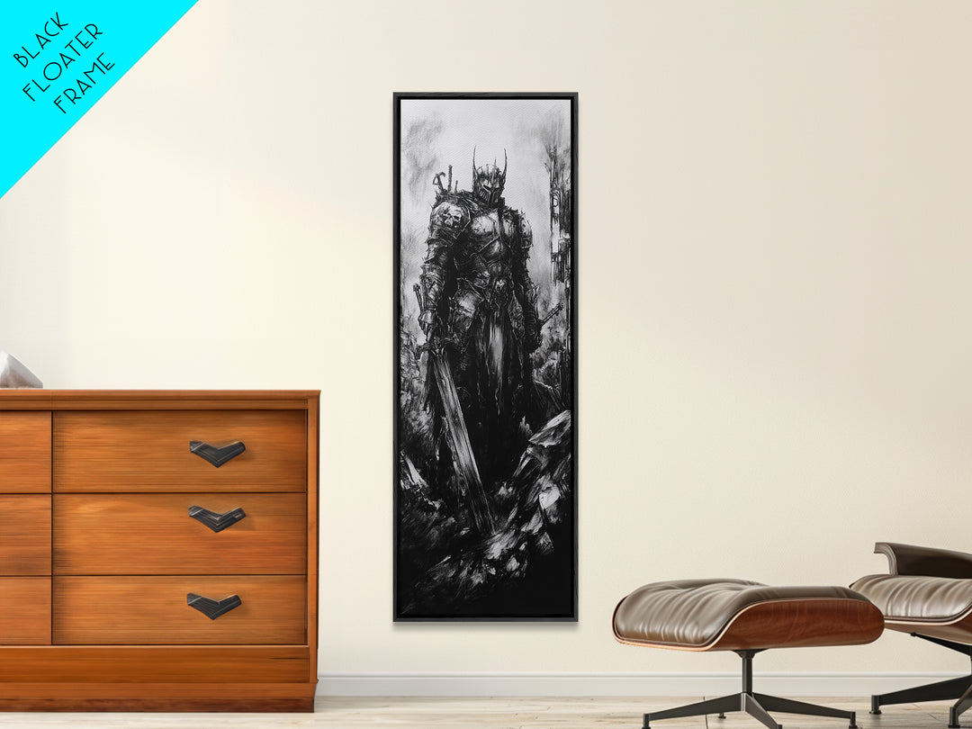 Crowned Dark Knight With Massive Sword In Ruins, Gothic Fantasy Canvas Print, Black And White Wall Art, Dark Academia Decor