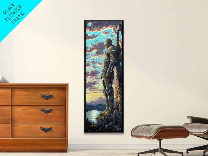 Blue Armored Knight Beside Castle At Lakeside Sunset, Medieval Fantasy Framed Canvas Print, Coastal Wall Art, Home Decor