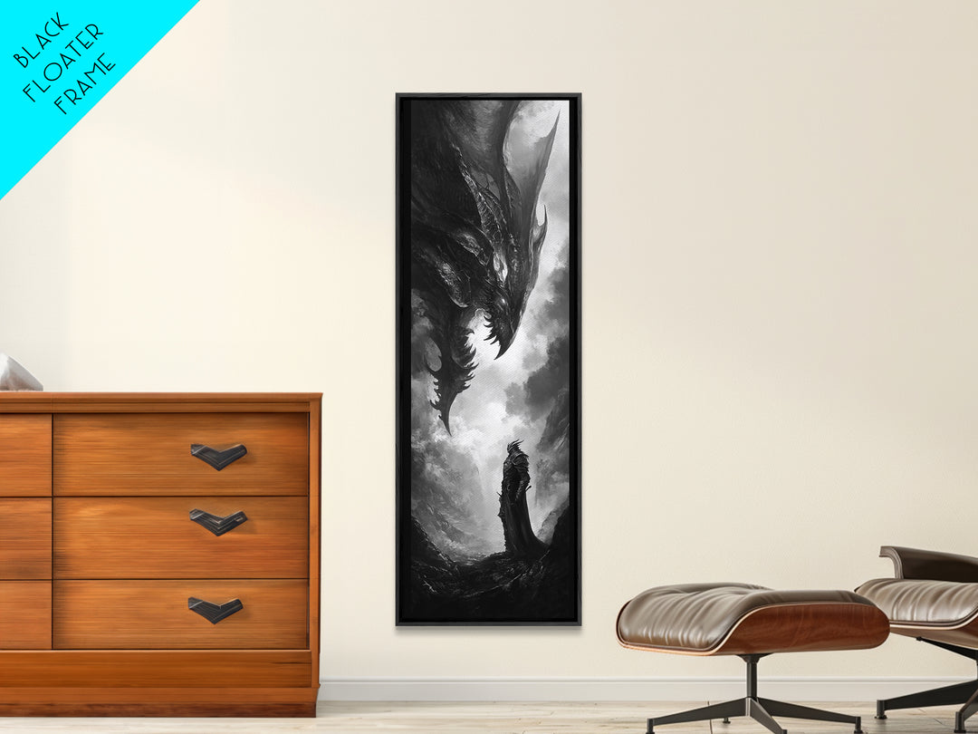 Monochrome Dragon And Lone Knight Wall Art, Dark Fantasy Art Print, Gothic Wall Decor, Black And White Art, Gamer Room Decor