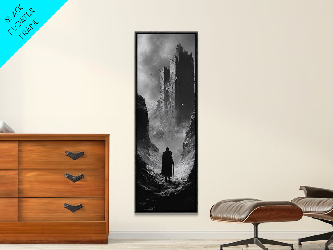 Misty Black Castle Valley With Lone Traveler Wall Art, Dark Academia Decor, Gothic Landscape, Black And White Fantasy Print
