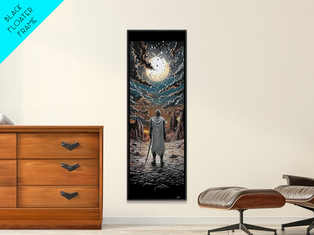 White Cloaked Knight Under Eclipse Moon Canvas Print, Fantasy Wall Art, Dark Landscape Decor, Gamer Room Wall Art Gift For Him