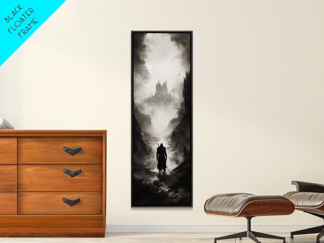 Cloaked Wanderer Approaching Misty Castle Wall Art, Dark Fantasy Print, Gothic Wall Decor, Black And White Landscape Art