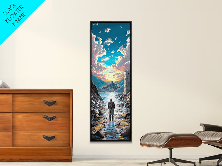 Lone Traveler In Snowy Mountain Valley, Birds And Sunset Fantasy Wall Art, Vertical Canvas Print, Nature Landscape Decor