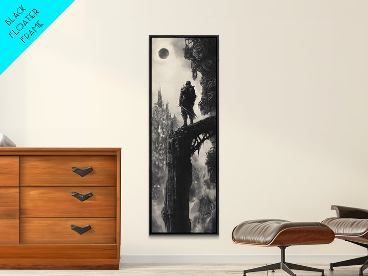 Moonlit Gothic Warrior On Shadow Bridge, Black And White Wall Art, Dark Fantasy Canvas Print, Moody Castle Office Wall Decor