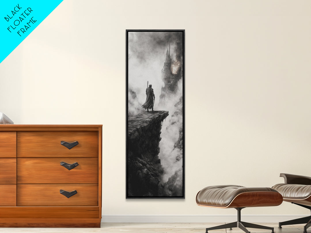 Cloaked Knight On Misty Cliff, Haunted Gothic Castle Framed Canvas Print, Black And White Wall Art, Dark Academia Room Decor