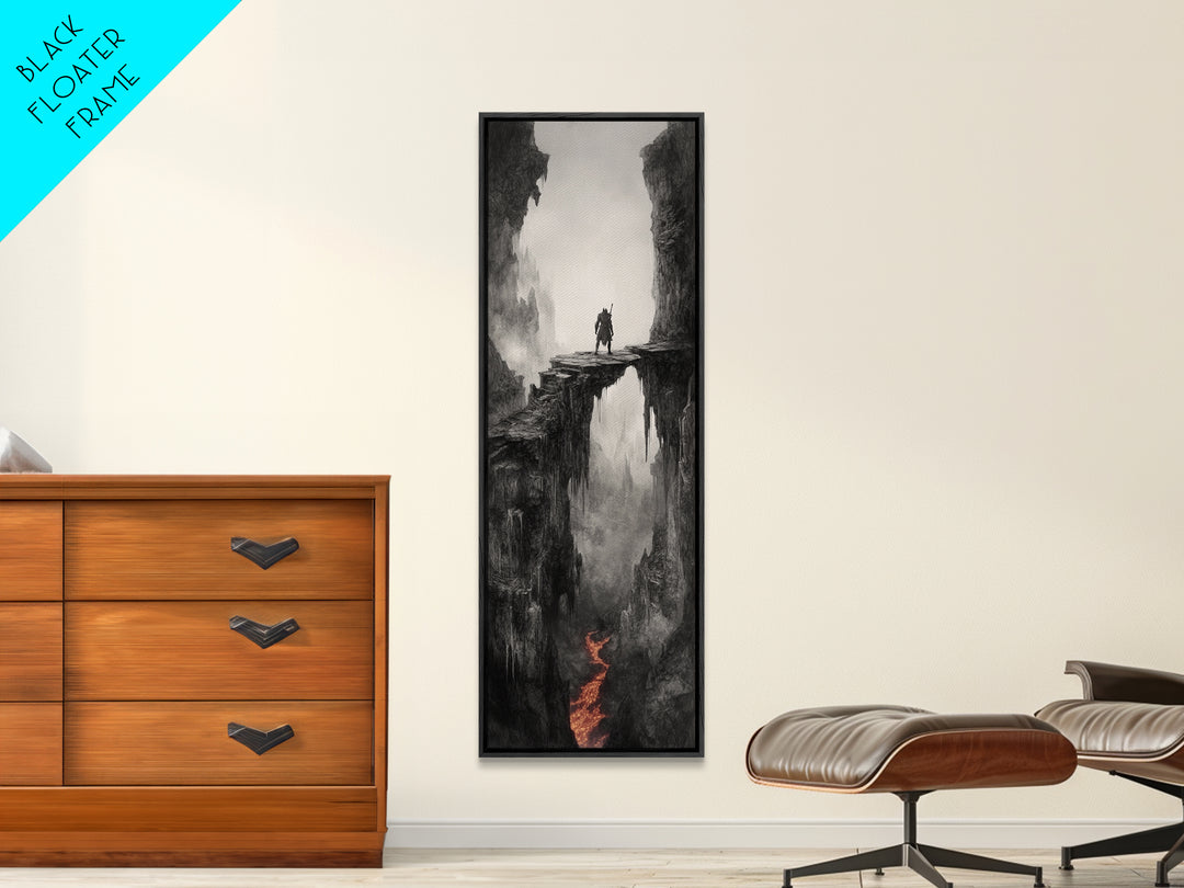Warrior Above Lava Chasm In Dark Canyon, Black And White Wall Art, Gothic Fantasy Canvas Print, Moody Landscape Home Decor