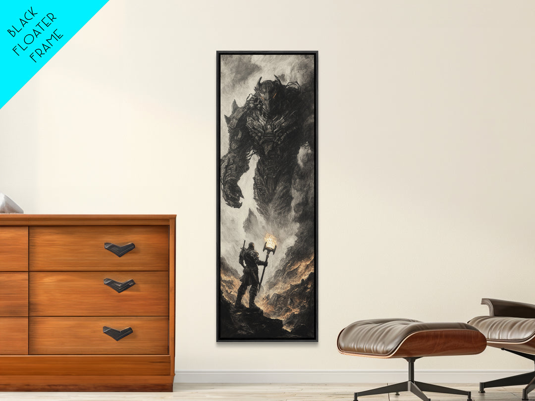 Torch Bearer Facing Colossal Demon, Dark Fantasy Wall Art, Gothic Canvas Print, Dramatic Warrior Statement Artwork Home Decor