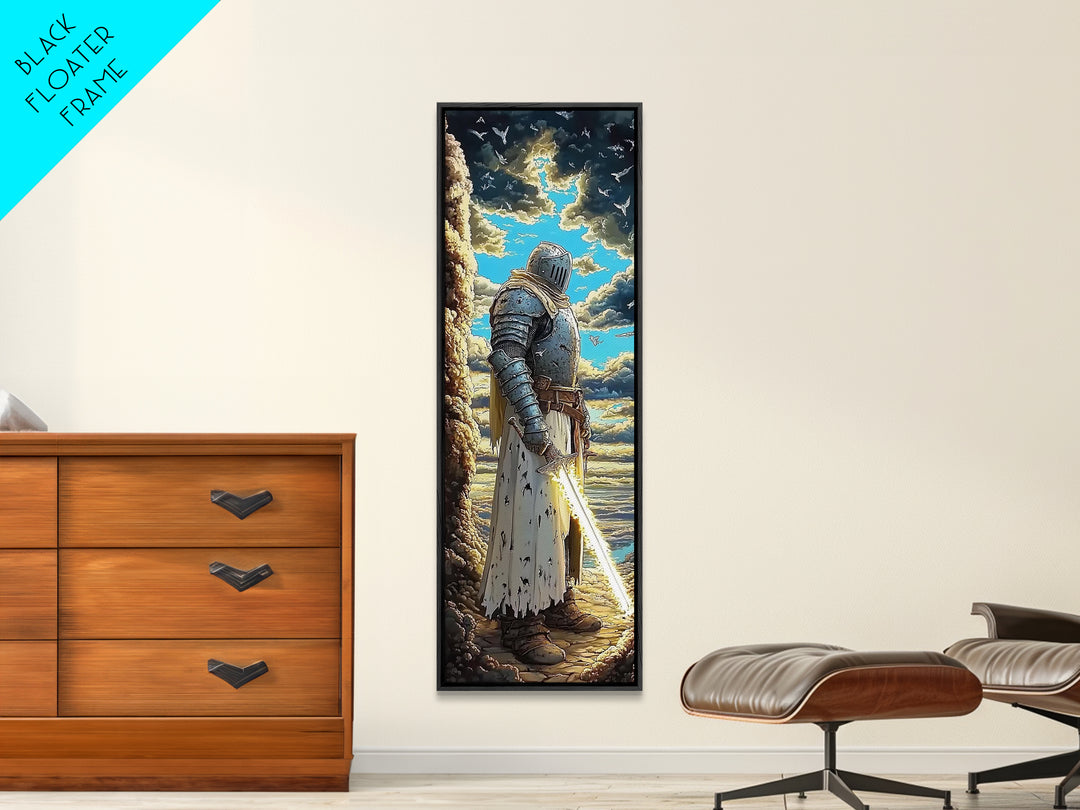 Silver Knight With Glowing Sword By Sea Cliffs, Fantasy Canvas Print, Medieval Wall Art, Dramatic Coastal Home Office Decor