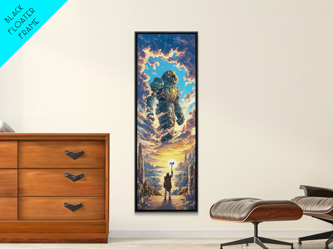 Floating Stone Giant Guardian At Sunset, Fantasy Wall Art, Large Canvas Wall Art, Epic Landscape Print, Gaming Room Decor Gift