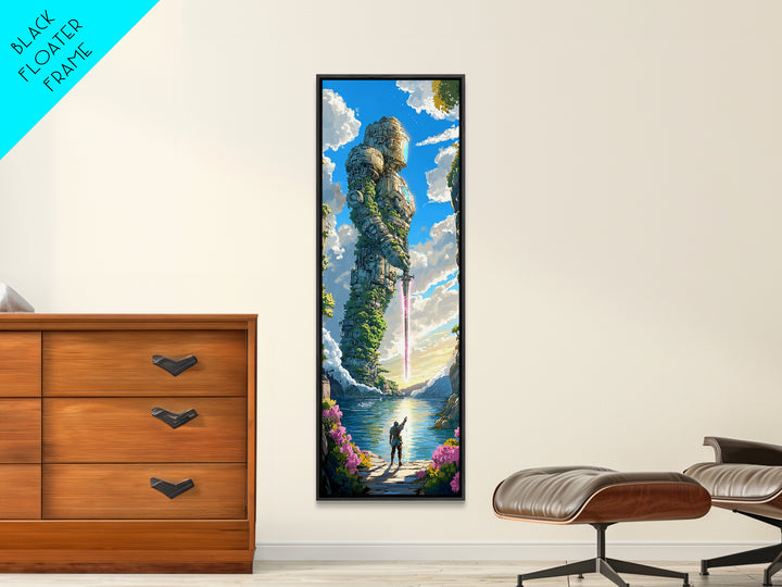Moss Covered Giant Robot With Pink Sword, Fantasy Wall Art, Japandi Landscape Print, Nature Inspired Living Room Decor Gift