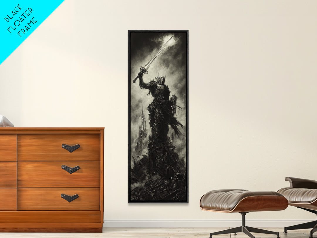 Dark Armored Warrior Raising Sword By Ruined Castle, Gothic Wall Art, Black And White Fantasy Print, Man Cave Decor Gift For Him