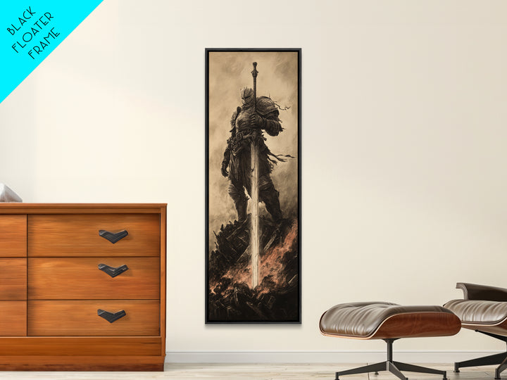 Sepia Knight Standing With Greatsword In Fire, Dark Fantasy Canvas Print, Medieval Wall Art, Gothic Office Decor Gift For Him