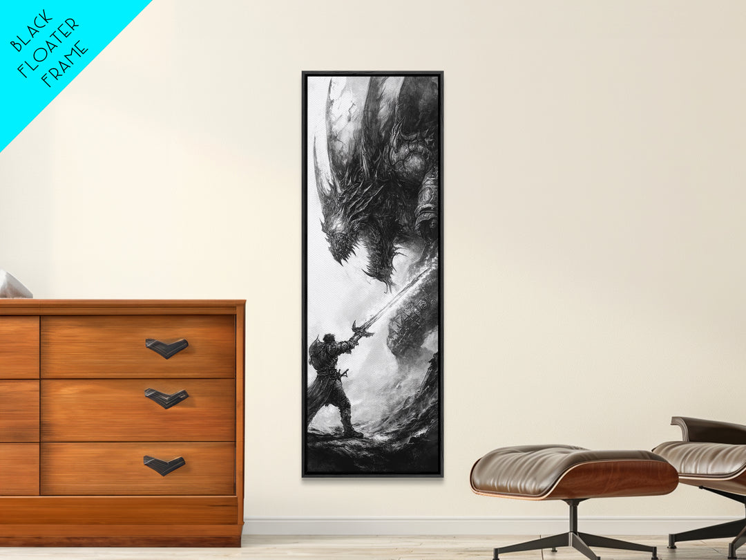 Warrior Facing Massive Dragon In Black And White, Dark Fantasy Wall Art, Gothic Canvas Print, Epic Monster Decor Gift For Him