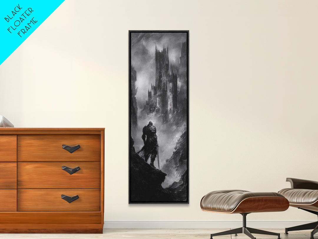Lone Warrior Before Dark Gothic Castle Wall Art, Black And White Fantasy Landscape Print, Medieval Dungeon Decor For Office