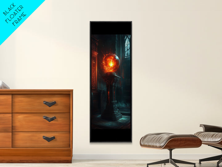 Fiery Crystal Orb In Gothic Library Wall Art, Dark Academia Fantasy Canvas Print, Mystical Office Decor Gift For Him Art