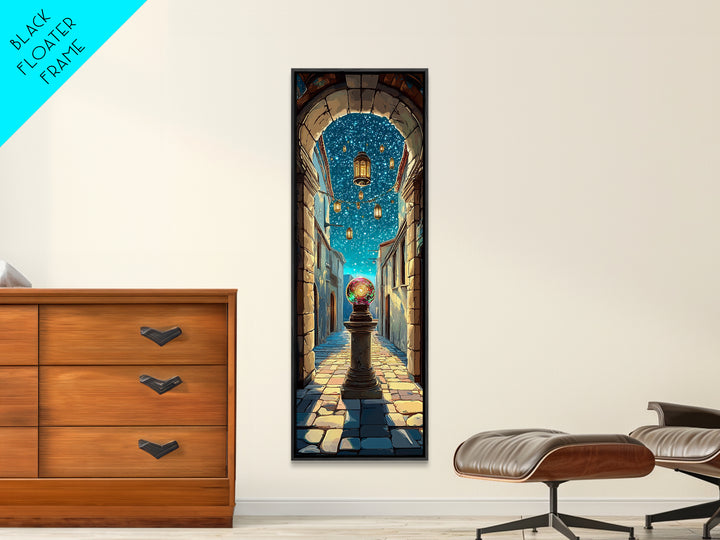 Magic Orb Beneath Starry Alley Wall Art, Whimsical Fantasy Canvas Print, Mediterranean Night Unique Home Decor Gift For Her