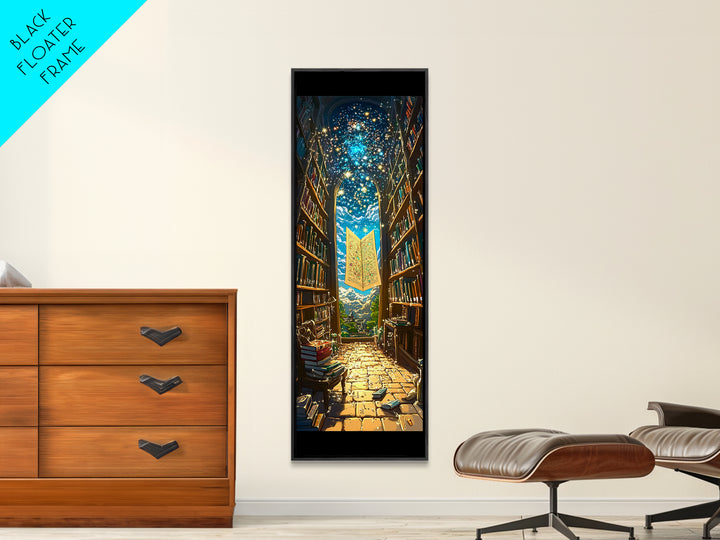 Glowing Magic Map In Towering Library Framed Canvas Print, Fantasy Wall Art, Bookish Decor, Whimsical Reader Gift, Library Poster