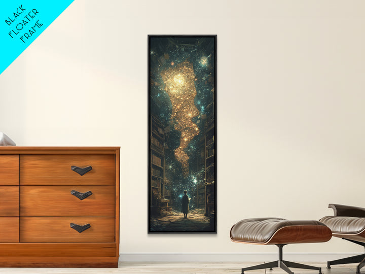 Child Beneath Cosmic Book Tower Wall Art, Dark Academia Library Decor, Celestial Fantasy Art Print, Magical Reading Gift