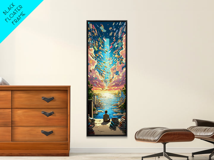 Boy Watching Books Fly Over Ocean Wall Art, Whimsical Sunset Seascape, Book Lover Gift, Colorful Coastal Home Decor Print