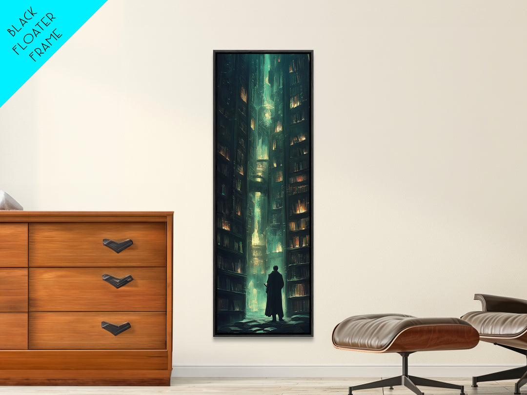 Lone Figure In Emerald Library Canyon Canvas Print, Dark Academia Wall Art, Moody Fantasy Decor, Gothic Office Wall Decor
