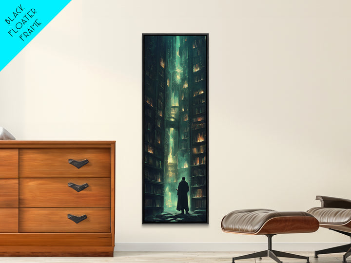 Lone Figure In Emerald Library Canyon Canvas Print, Dark Academia Wall Art, Moody Fantasy Decor, Gothic Office Wall Decor