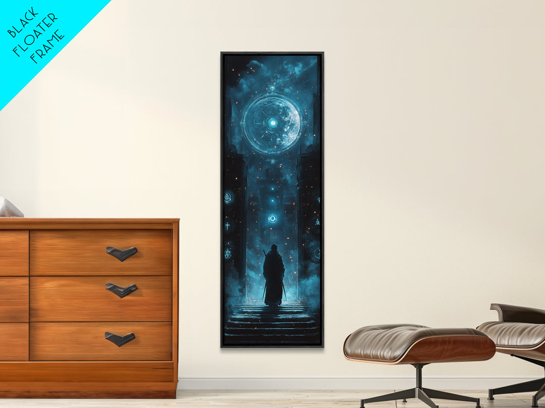 Lone Figure Before Glowing Cosmic Portal Canvas Print, Sci Fi Wall Art, Cyberpunk Decor, Futuristic Space Art For Gaming Room