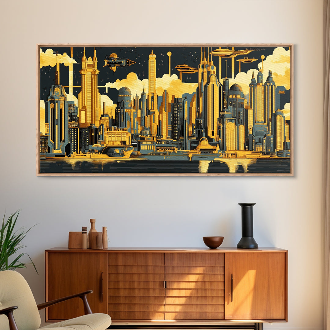Golden Futuristic Skyline With Airships Canvas Print, Sci Fi Cityscape Wall Art, Modern Office Decor, Large Statement Artwork