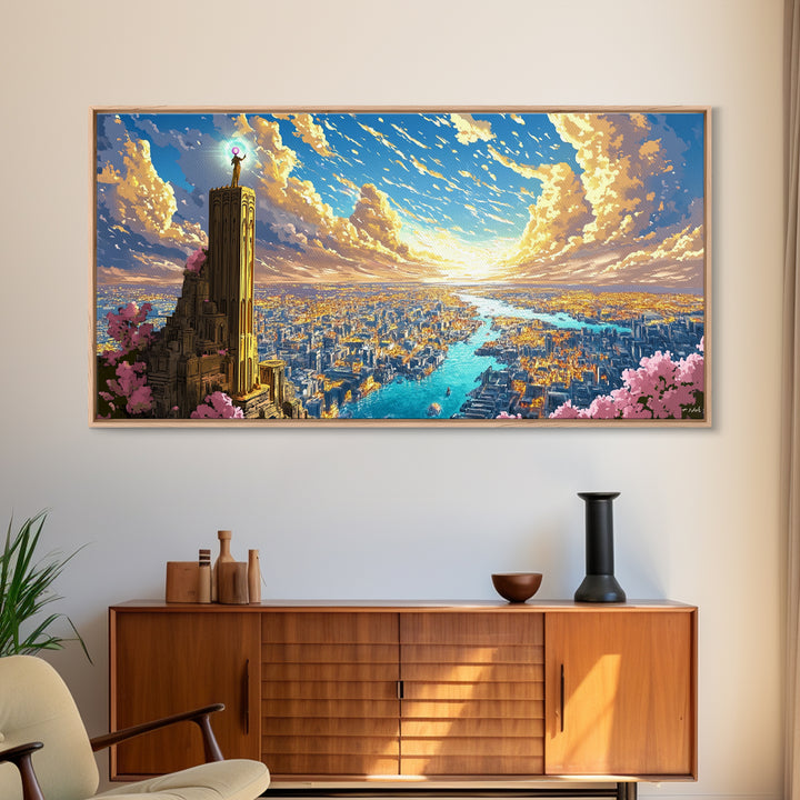 Sunset Tower Above Radiant River City Framed Canvas Print, Fantasy Wall Art, Colorful Landscape, Living Room Decor Gift Idea