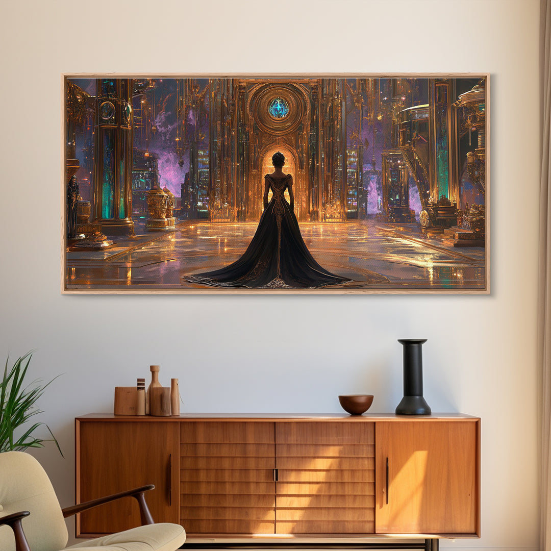 Gothic Woman In Ornate Crystal Hall Canvas Print, Dark Fantasy Wall Art, Moody Gothic Decor, Elegant Statement Artwork Gift