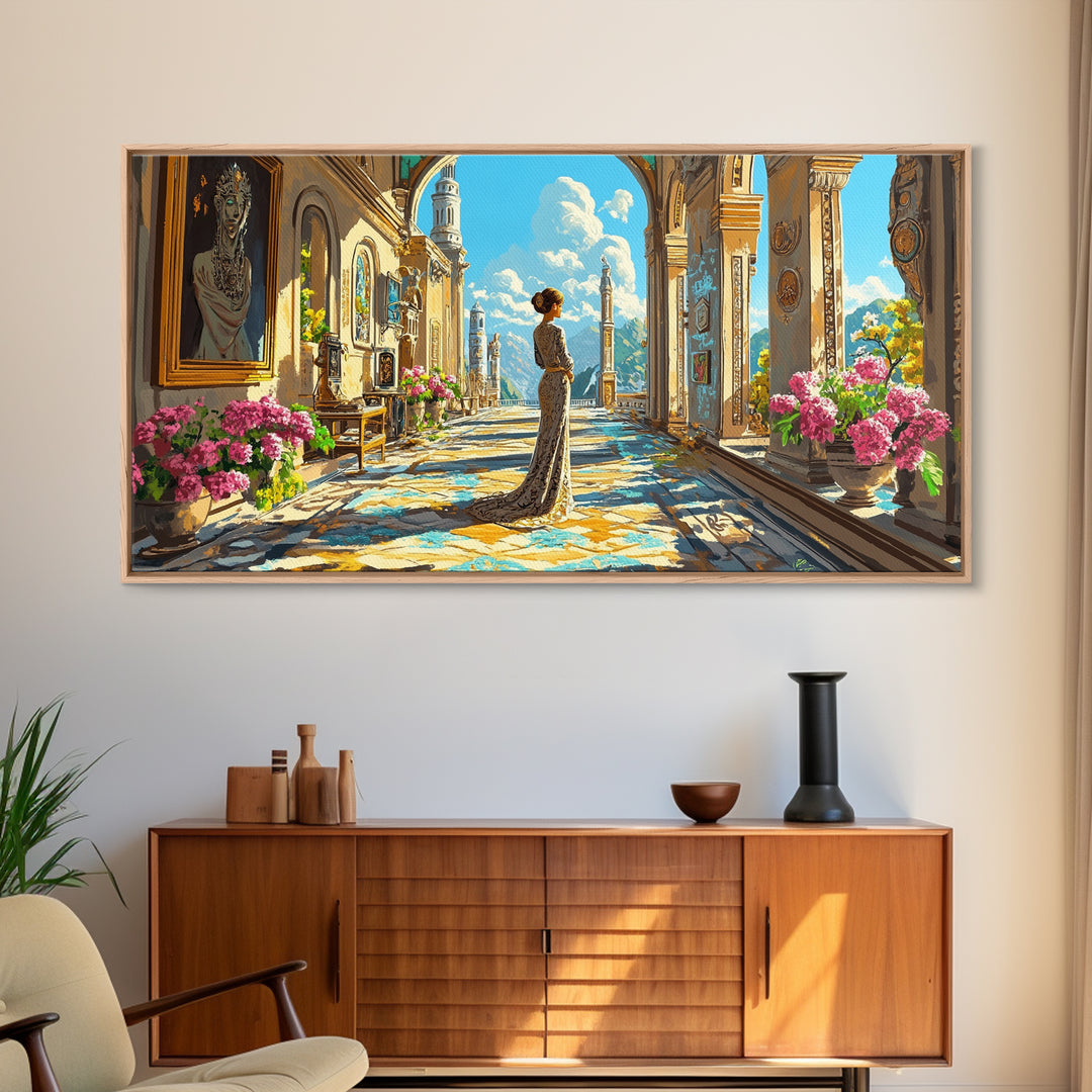 Elegant Woman In Sunlit Palace Corridor Canvas Print, Mediterranean Wall Art, Floral Decor, European Living Room Artwork Gift