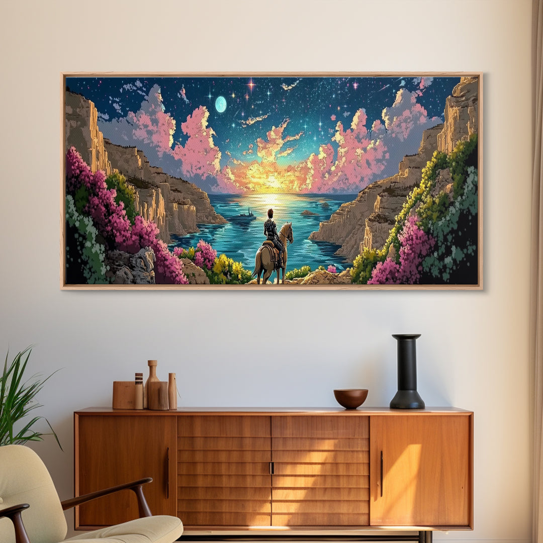 Moonlit Coastal Canyon Horse Ride Canvas Print, Fantasy Landscape Wall Art, Romantic Beach House Decor, Whimsical Gift For Her
