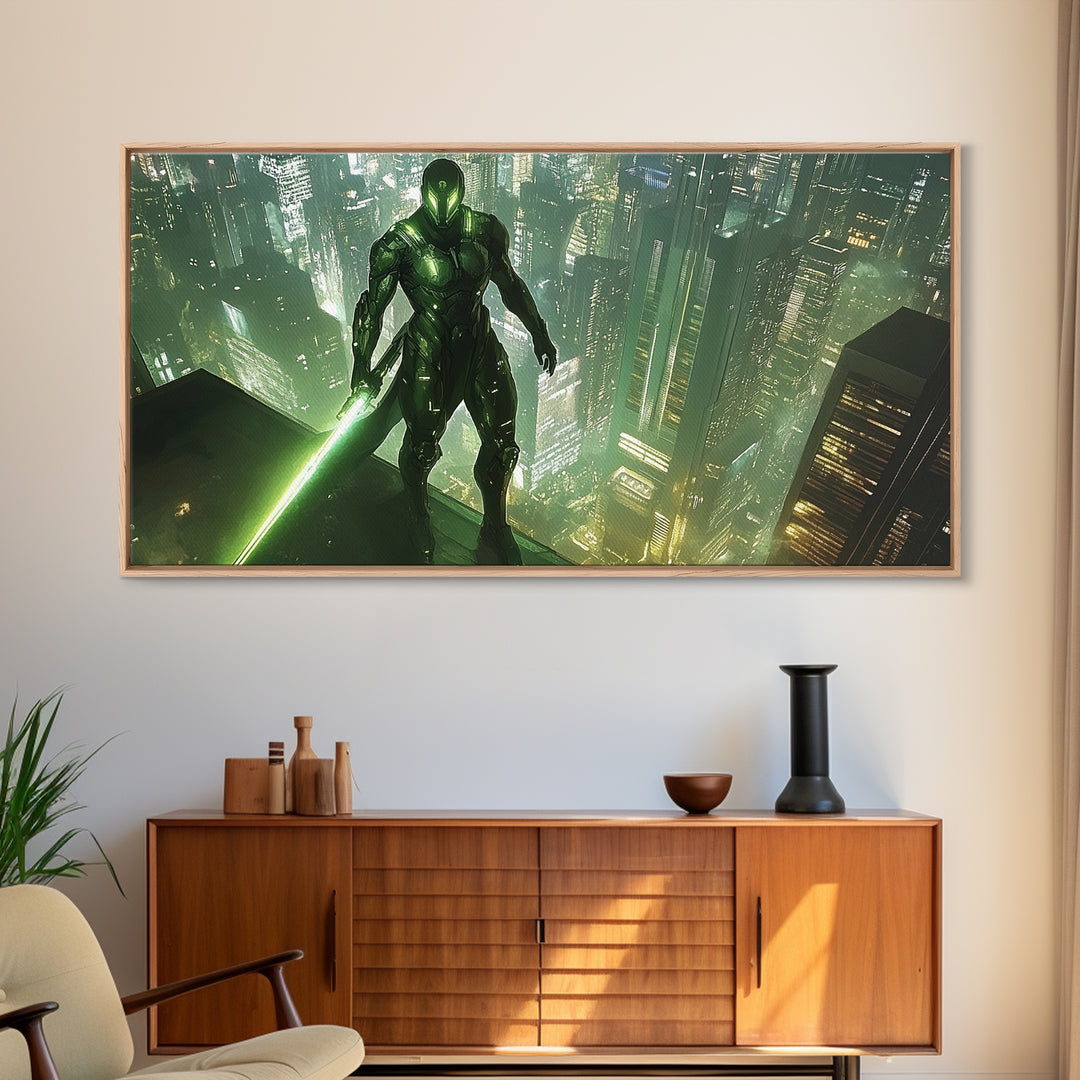Green Cyber Warrior On Futuristic Rooftop Canvas Print, Modern Cyberpunk Wall Art, Sci Fi Gaming Room Decor, Gift For Him