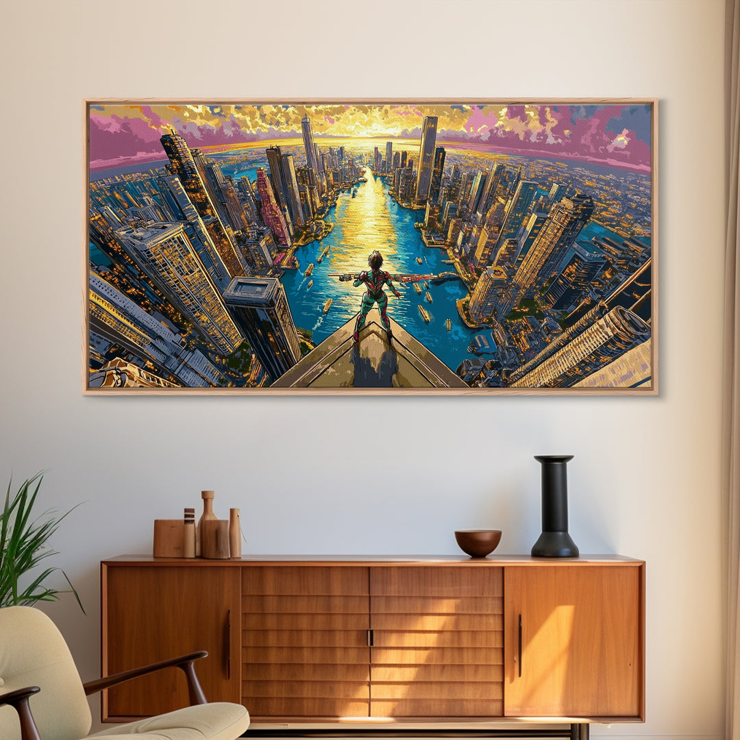 Daring Hero Above Golden Future City Framed Canvas Print, Cyberpunk Wall Art, Anime Sci Fi Decor, Large Statement Artwork