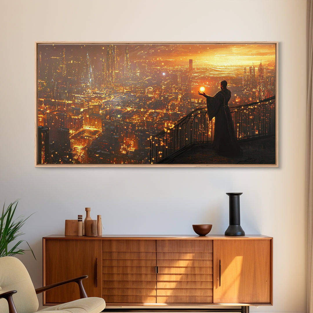 Robed Figure Holding Glowing Orb Over Dystopian City Canvas Print, Futuristic Wall Art, Golden Sci Fi Office Decor, Gift For Him