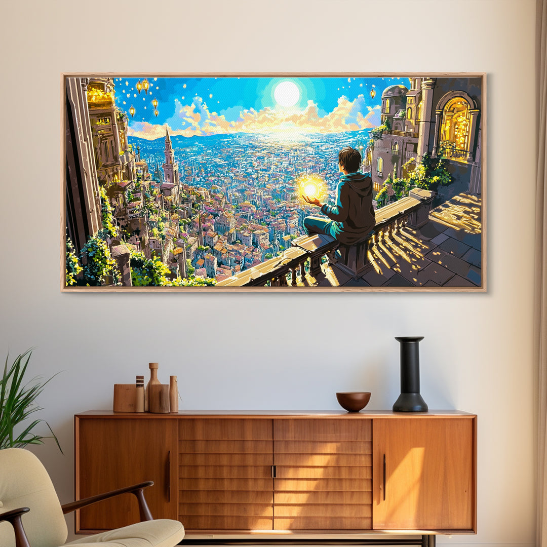 Boy With Glowing Orb Above Sunlit Fantasy City Canvas Print, Whimsical Wall Art, Magical Living Room Home Decor, Gift For Her