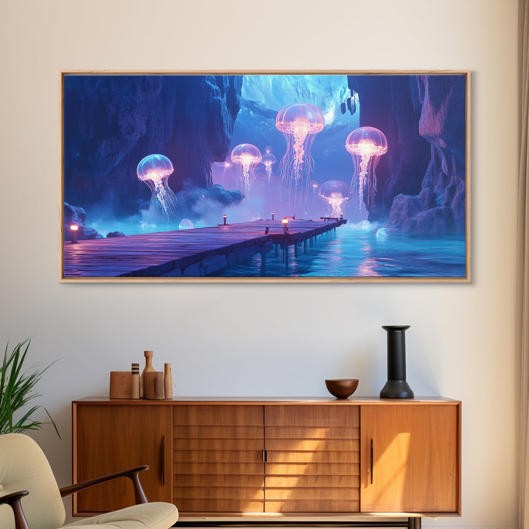 Glowing Jellyfish Cavern With Dock Canvas Print, Blue Bioluminescent Ocean Wall Art, Fantasy Coastal Home Decor, Unique Gift