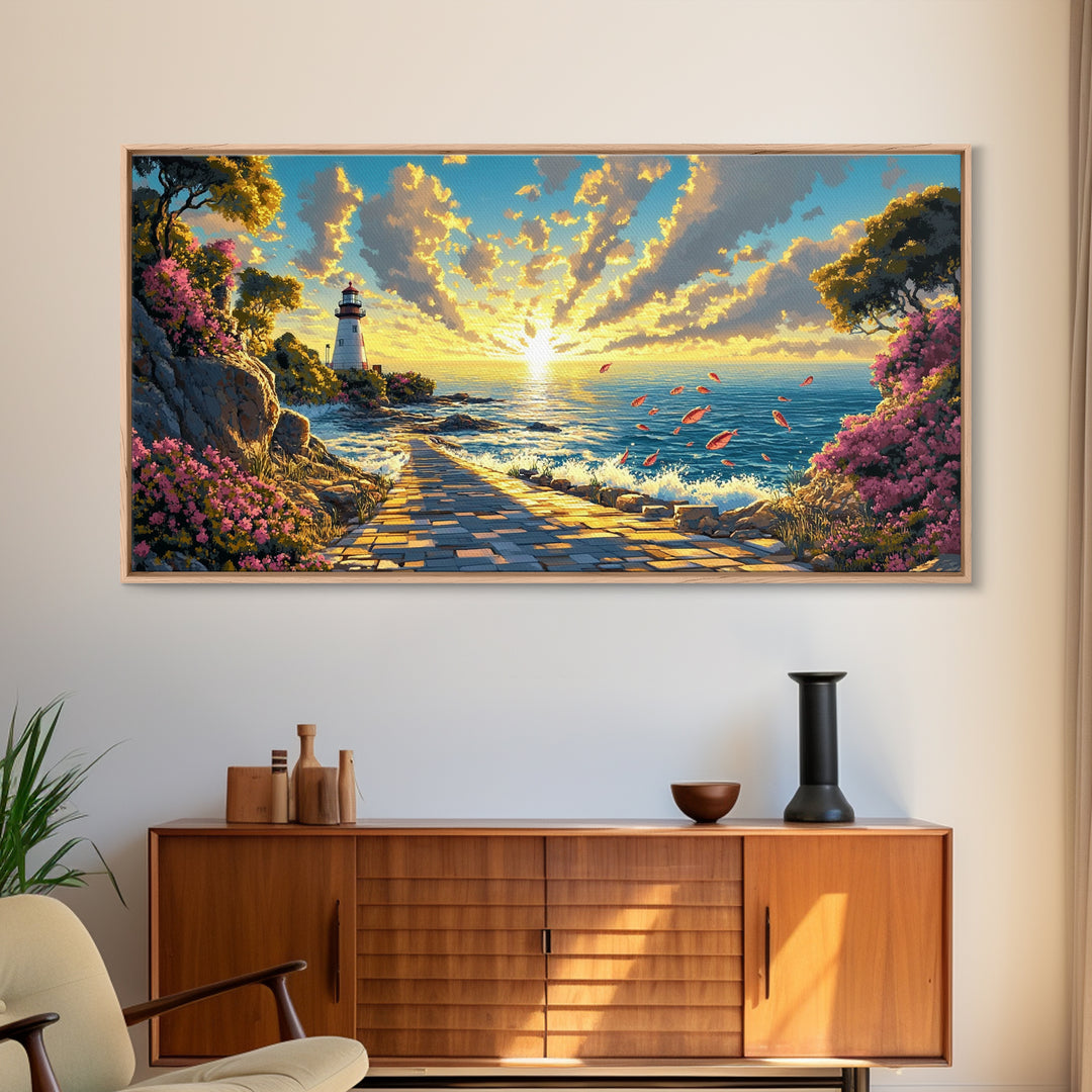 Sunlit Lighthouse Path At Golden Ocean Sunset Wall Art, Coastal Canvas Wall Art, Beach House Decor, Seascape Print, Living Room Decor