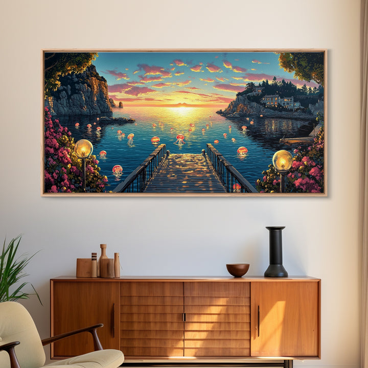 Glowing Jellyfish Cove At Sunset Canvas Print, Whimsical Coastal Wall Art, Ocean Decor, Beach House Living Room Decor, Fantasy Art