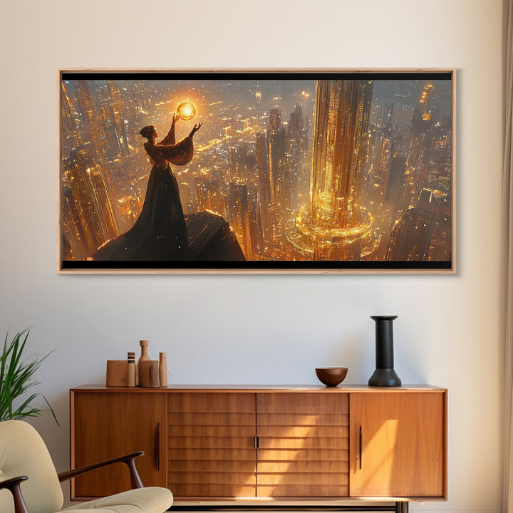 Elegant Woman Holding A Golden Orb Framed Canvas Print, Futuristic Wall Art, Sci Fi Decor, Luxury Office Statement Artwork