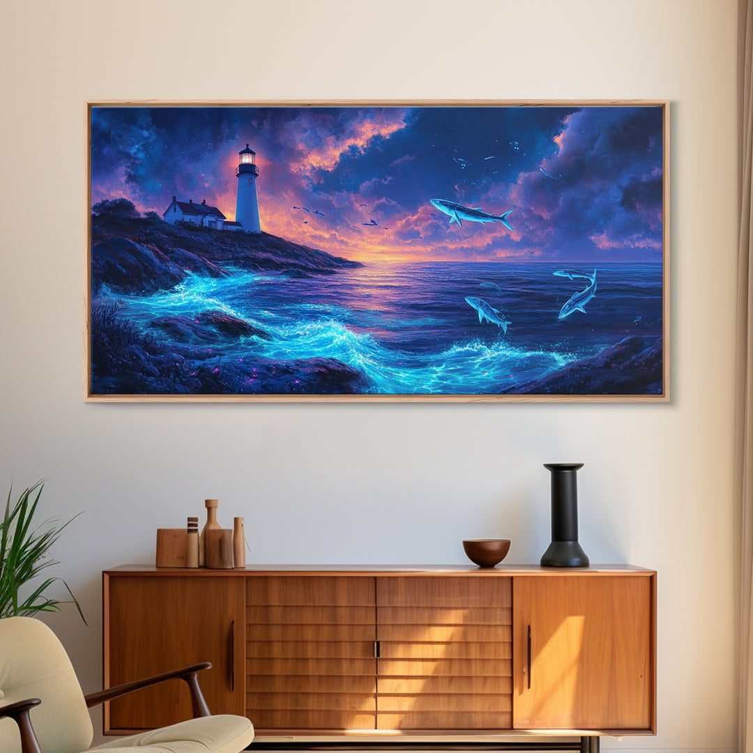Bioluminescent Whale Ocean Lighthouse Wall Art, Fantasy Seascape Print, Coastal Wall Decor, Moody Blue Living Room Wall Art