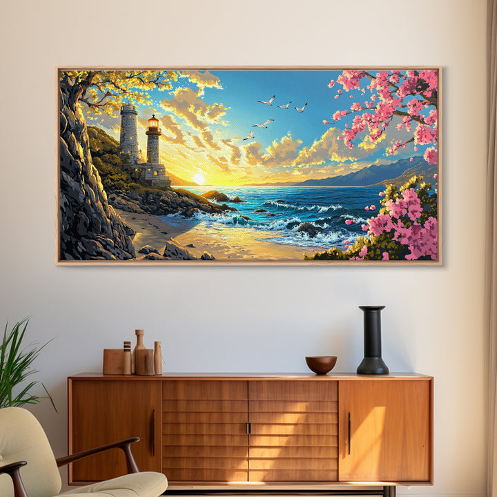 Twin Lighthouses With Cherry Blossoms At Sunrise Canvas Print, Coastal Wall Art, Beach House Decor, Nautical Living Room Art
