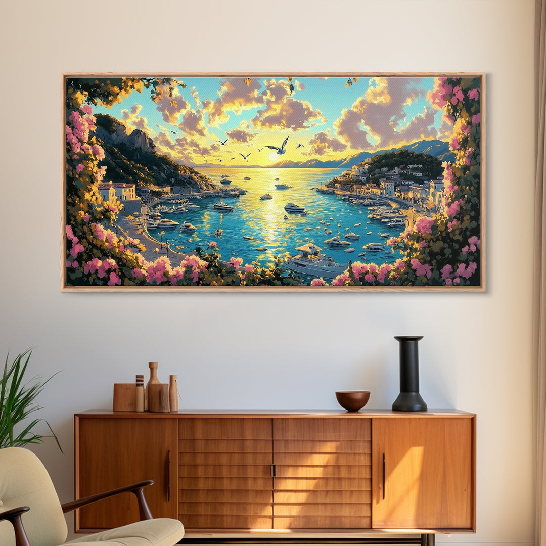 Mediterranean Harbor Sunset With Boats And Flowers Wall Art, Italy Coastal Print, Travel Poster, Living Room Decor Gift Idea