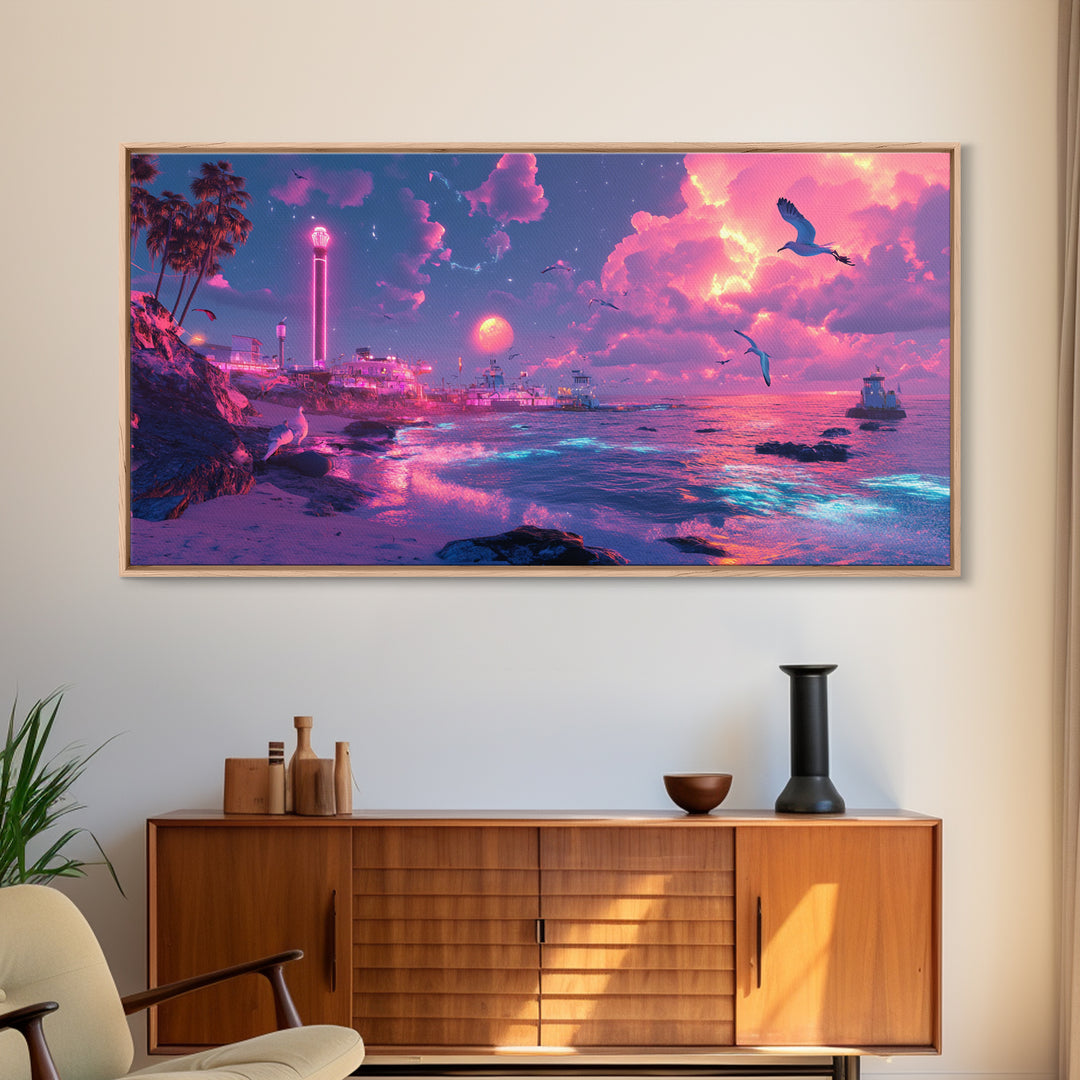 Neon Pink Coastal City At Moonlit Sunset Canvas Print, Vaporwave Wall Art, Futuristic Beach Decor, Gaming Room Poster Print