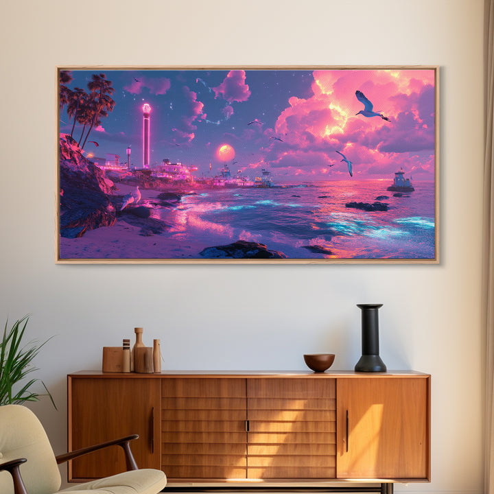 Neon Pink Coastal City At Moonlit Sunset Canvas Print, Vaporwave Wall Art, Futuristic Beach Decor, Gaming Room Poster Print