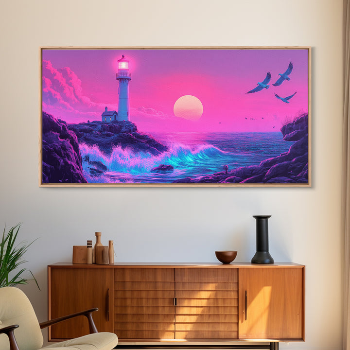 Pink Lighthouse Sunset With Turquoise Waves Framed Canvas Print, Coastal Wall Art, Vaporwave Beach Decor, Ocean Poster Print