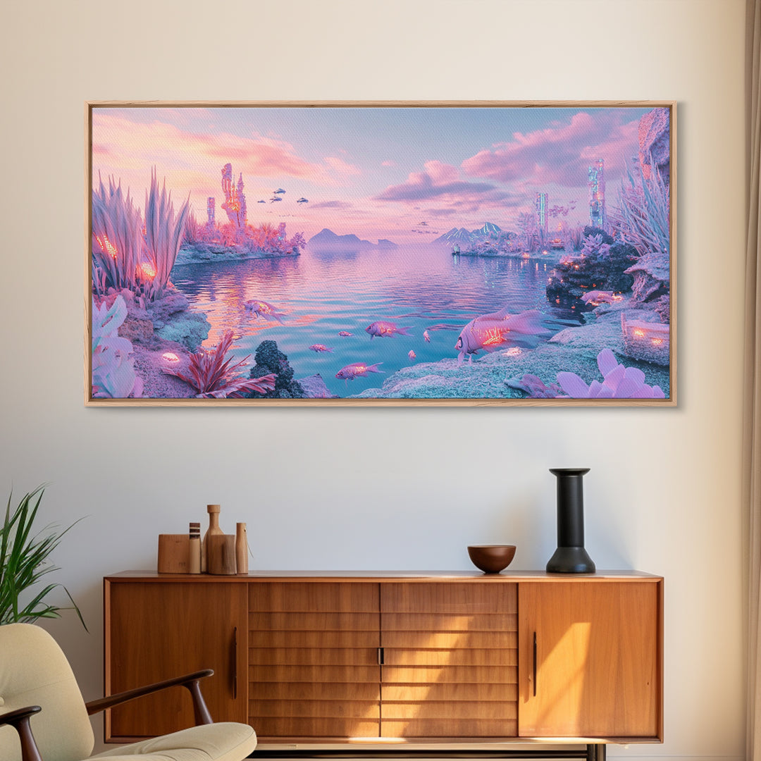 Pastel Alien Crystal Shore With Glowing Wildlife Wall Art, Fantasy Landscape Print, Sci Fi Decor, Dreamy Nursery Wall Art
