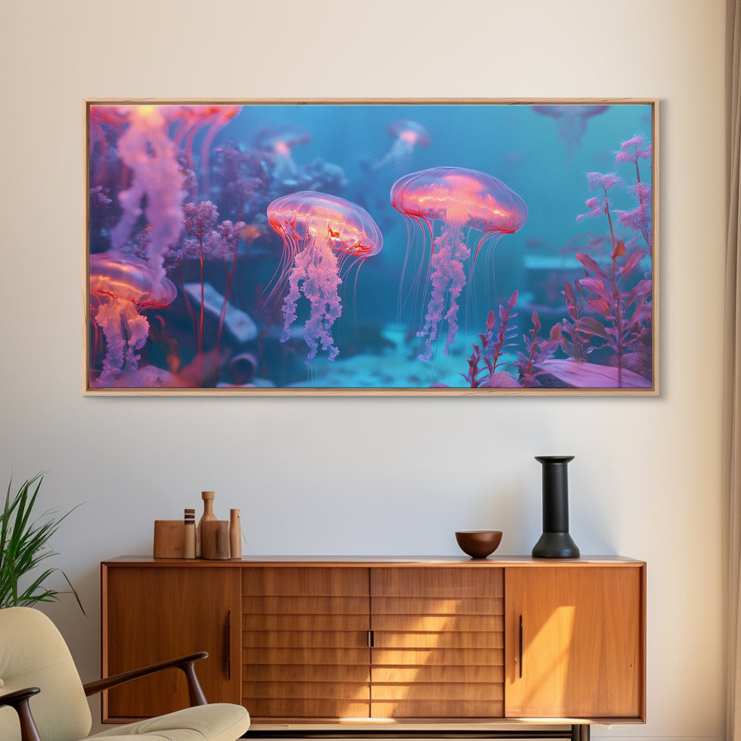 Glowing Jellyfish Garden Under Turquoise Sea Canvas Print, Underwater Wall Art, Ocean Decor, Marine Life Nursery Art Print