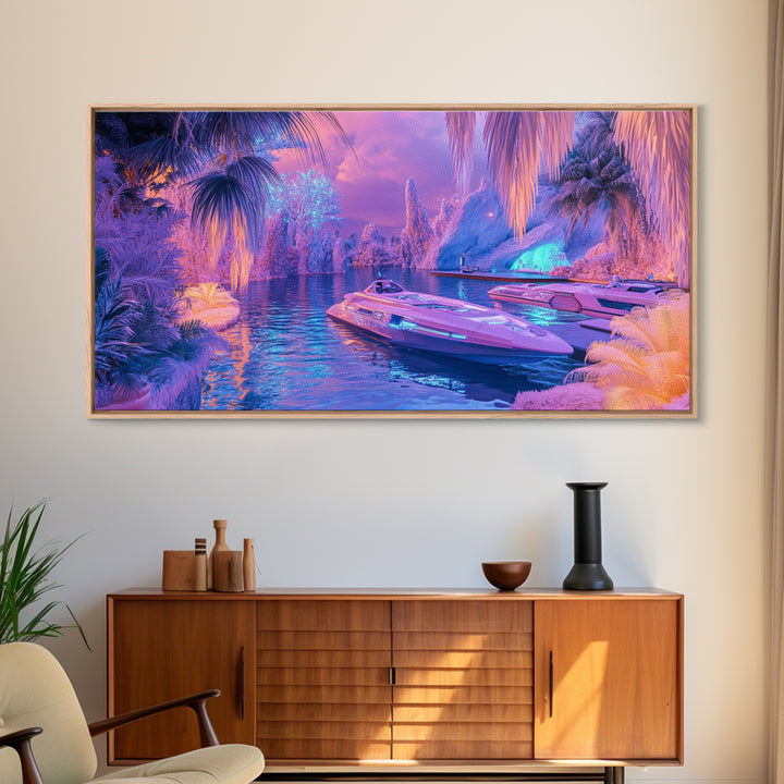 Neon Tropical Lagoon Canvas Print, Futuristic Palm Boat Wall Art, Dopamine Decor, Gaming Room Decor, Vibrant Coastal Art
